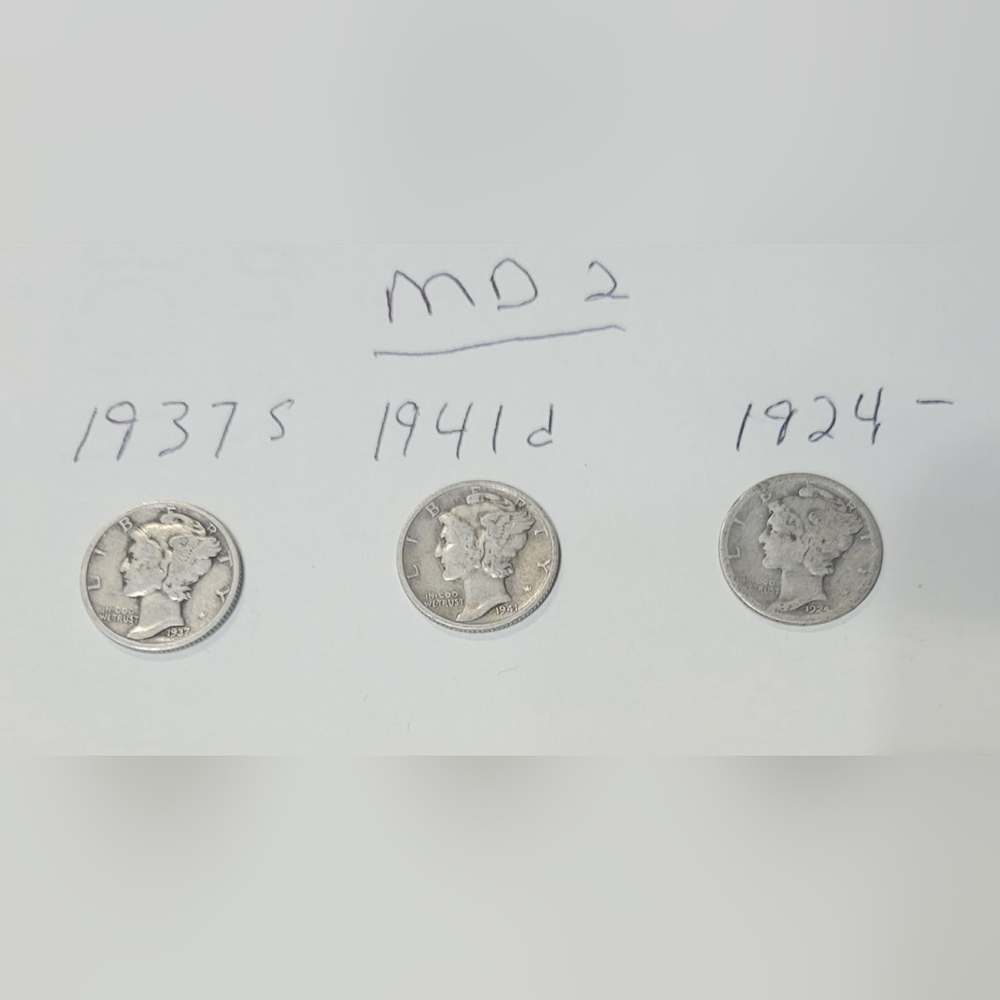 Md2 Set of 3 Silver Mercury Dimes: 1924, 1937 s & 1941 d